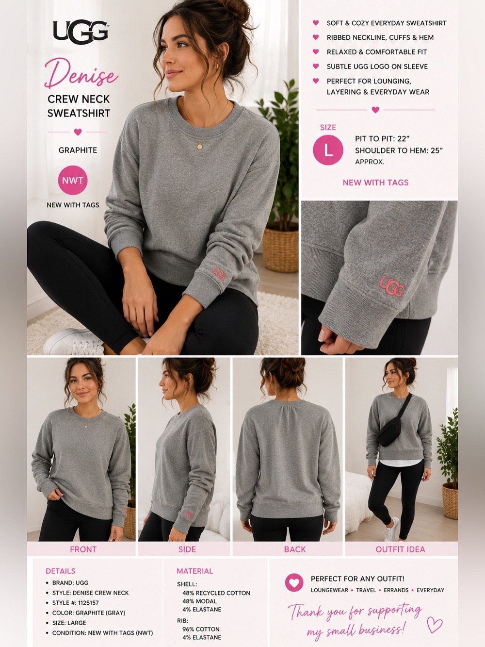 UGG Denise Crew Neck Sweatshirt Women’s L Graphite Gray NWT 1125157 Logo Sleeve